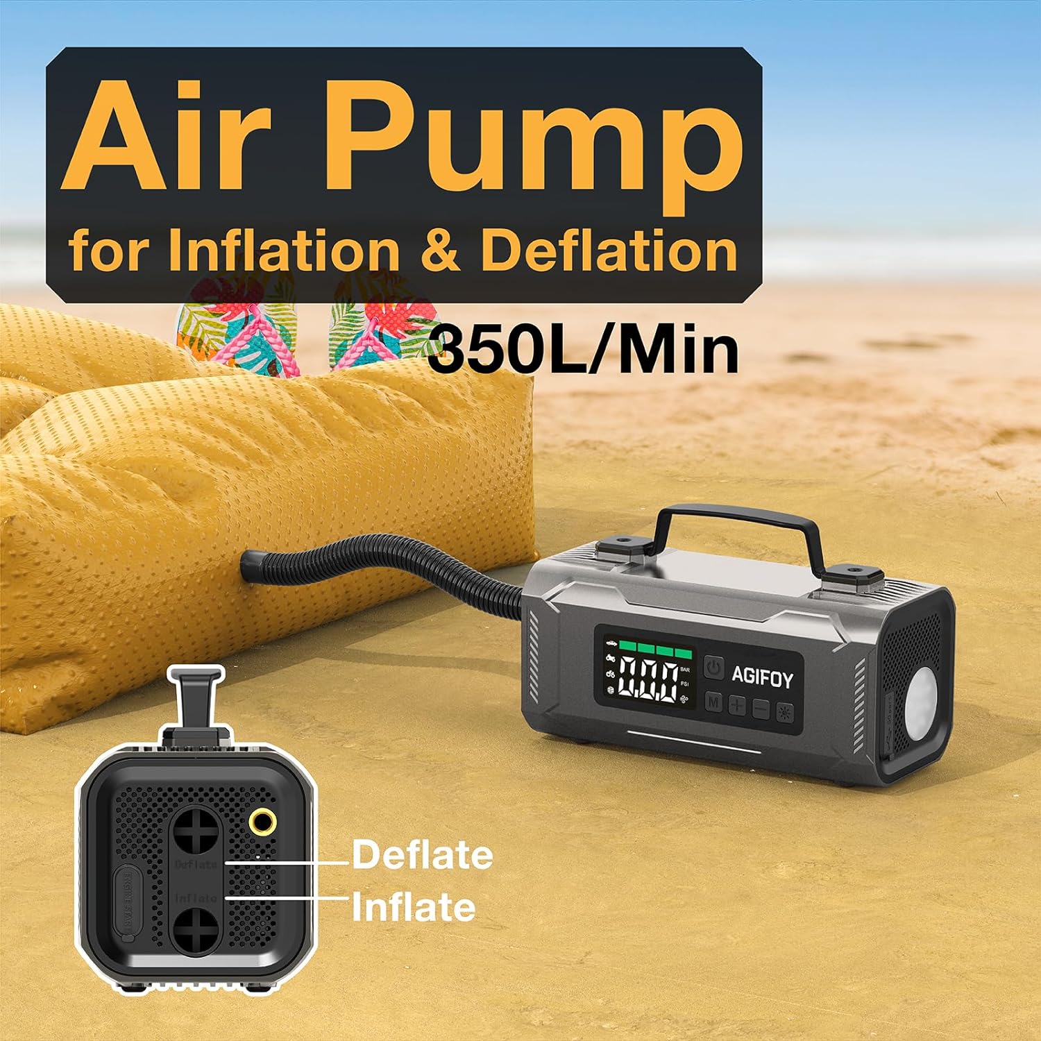 Agifoy Air Pump for Inflation & Deflation – 350L/Min High-Performance Portable Air Compressor for Beach, Camping, and Outdoor Use.