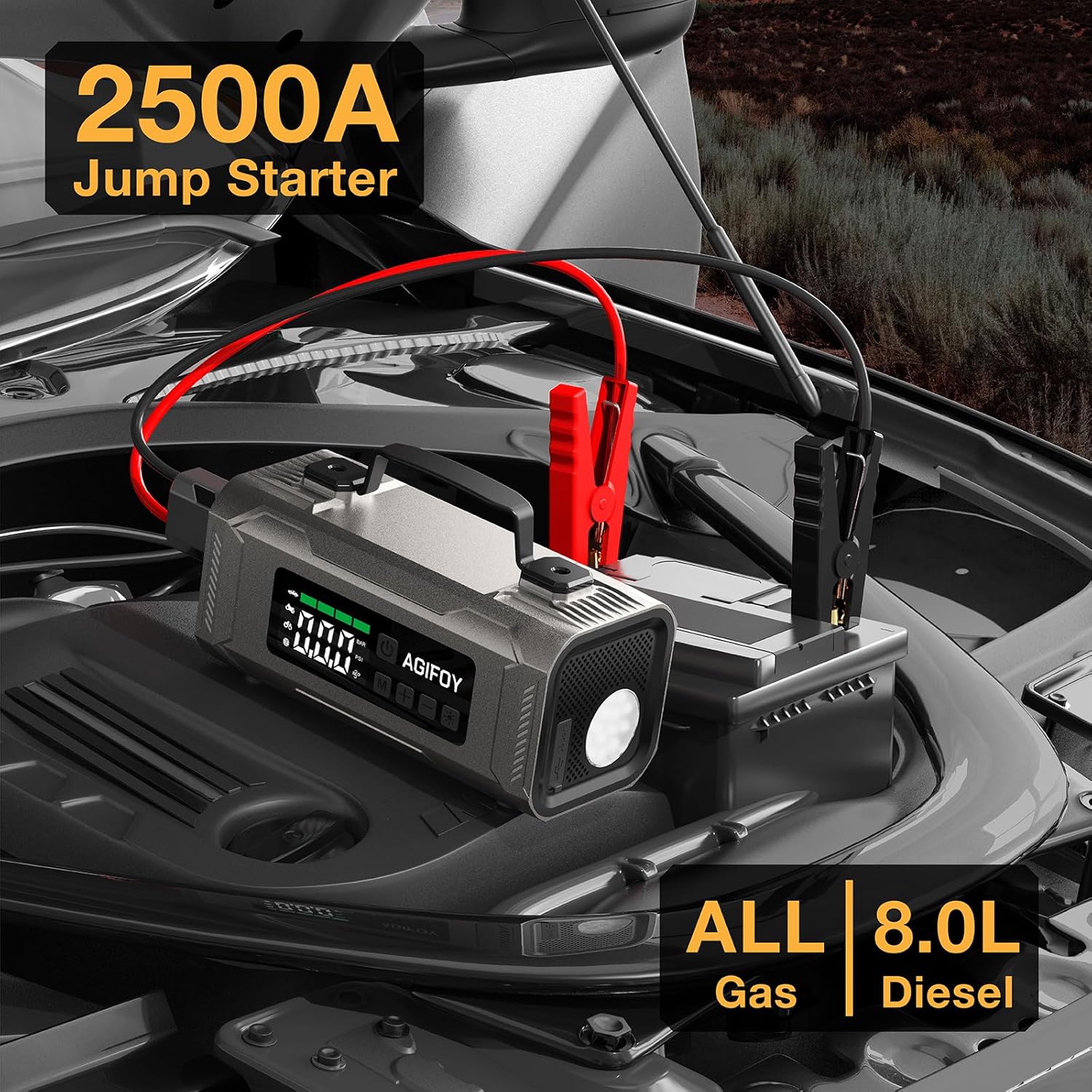 Agifoy 2500A Jump Starter with Air Compressor – Compatible with All Gas and 8.0L Diesel Engines, Portable Design for Emergency Car Battery Boost.