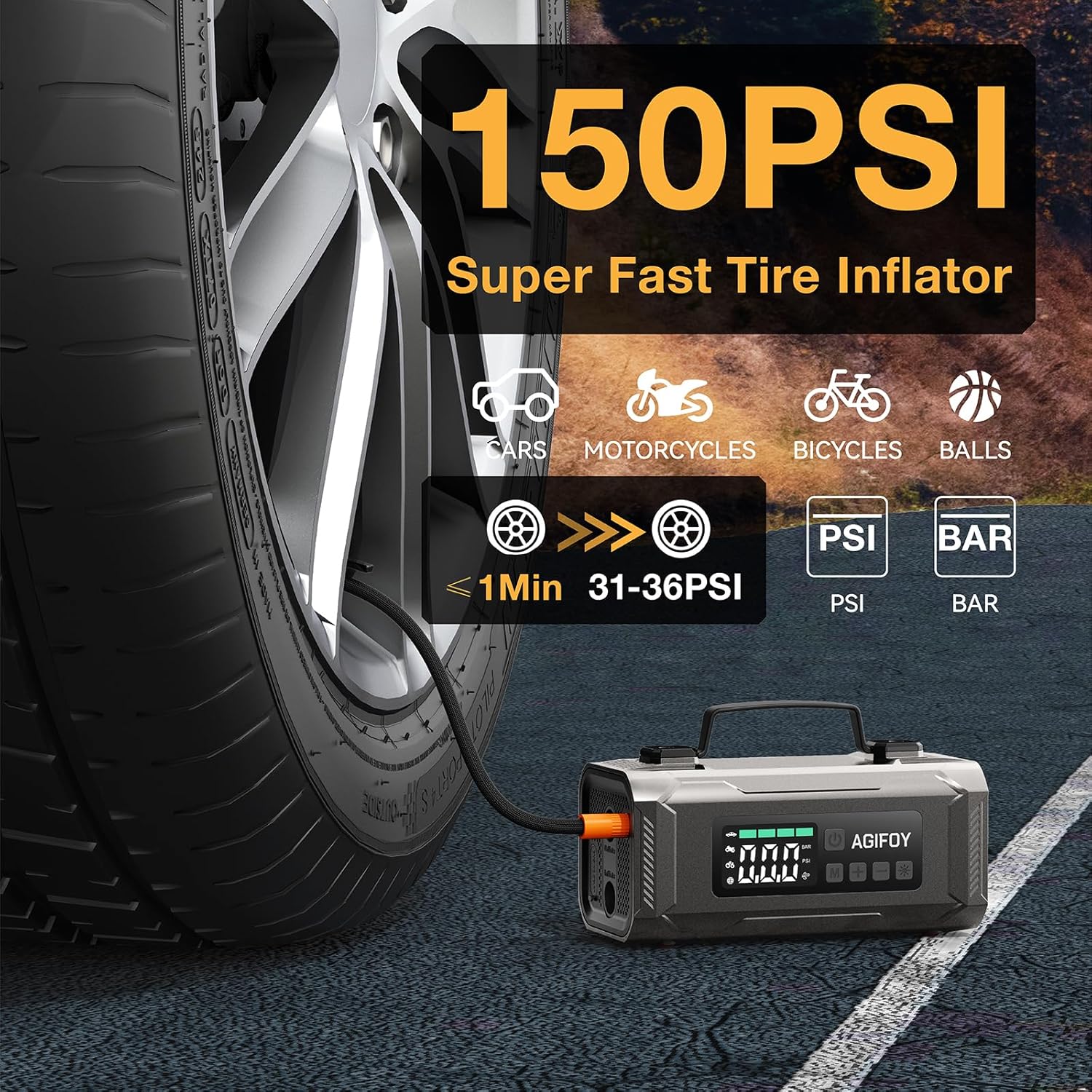 Agifoy 150PSI Super Fast Tire Inflator – Portable Air Compressor for Cars, Motorcycles, Bicycles, and Balls, Efficient Inflation in Under 1 Minute.